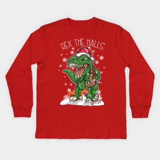 Christmas T Rex The Halls Dinosaur Merry XMAS Kids Long Sleeve T-Shirt